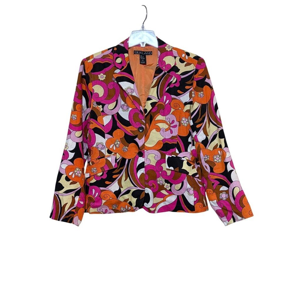 VTG Silkland Linen Blazer 14 Jacket Mod Psychedelic 100% Linen 90s does 60s